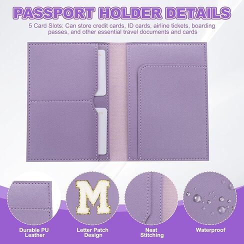 PATIKIL Passport Holder for Travel, Initial Passport Cover and Luggage Tag Set with Alphabet Chenille Letter Patch Travel Wallet Bag Suitcase Identifier for Women Family Travel Purple M in Saudi Arabia