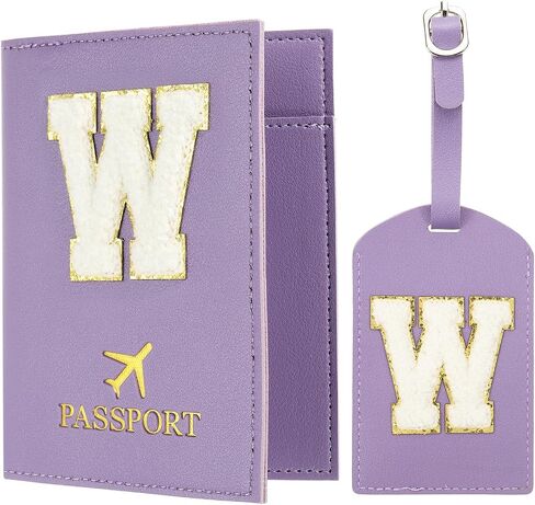 PATIKIL Passport Holder for Travel, Initial Passport Cover and Luggage Tag Set with Alphabet Chenille Letter Patch Travel Wallet Bag Suitcase Identifier for Women Family Travel Purple M in Saudi Arabia