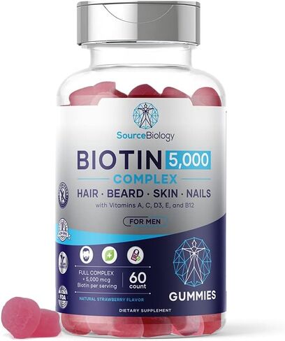 Biotin 5000 Mcg Complex - Hair, Beard, Skin, Nails Formula for Men - High Potency Vegan Friendly Gummies - with Vitamins A, C, D3, and B12 in Saudi Arabia