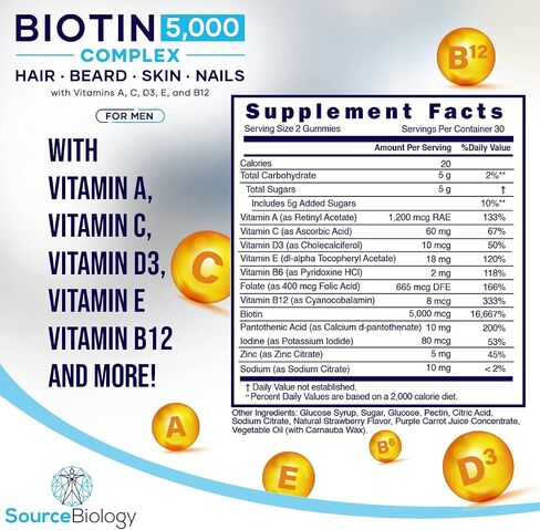 Biotin 5000 Mcg Complex - Hair, Beard, Skin, Nails Formula for Men - High Potency Vegan Friendly Gummies - with Vitamins A, C, D3, and B12 in Saudi Arabia