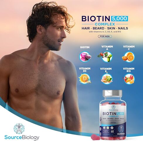Biotin 5000 Mcg Complex - Hair, Beard, Skin, Nails Formula for Men - High Potency Vegan Friendly Gummies - with Vitamins A, C, D3, and B12 in Saudi Arabia