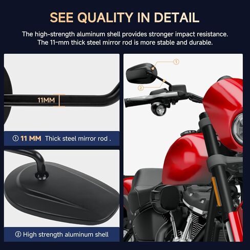 مرايا مقود دراجة نارية أسود مدببة-مرايا جانبية ذات دراجة نارية طويلة 8 ملم تتوافق مع Harley Road King ، V-Rod ، Sportster ، Dyna ، Softail ، Street Electra Road Glide 1982-2025 in Kuwait