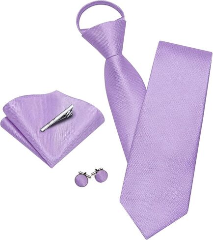 YOHOWA Zipper Ties for Men Solid Pre-Tied Tie with Tie Clip Extra Long Adjustable Necktie Pocket Square Cufflinks Set in Kuwait