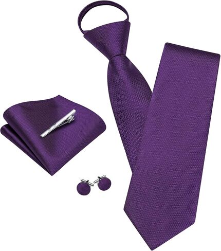 YOHOWA Zipper Ties for Men Solid Pre-Tied Tie with Tie Clip Extra Long Adjustable Necktie Pocket Square Cufflinks Set in Saudi Arabia