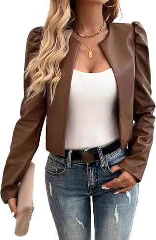 SEMATOMALA Women's Puff Sleeve Cropped Jacket Faux Leather Bolero Blazer Long Sleeve Open Front PU Cardigan in Saudi Arabia
