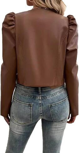 SEMATOMALA Women's Puff Sleeve Cropped Jacket Faux Leather Bolero Blazer Long Sleeve Open Front PU Cardigan in Saudi Arabia
