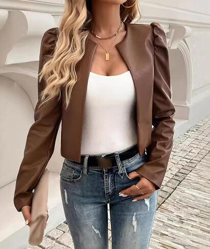 SEMATOMALA Women's Puff Sleeve Cropped Jacket Faux Leather Bolero Blazer Long Sleeve Open Front PU Cardigan in Saudi Arabia