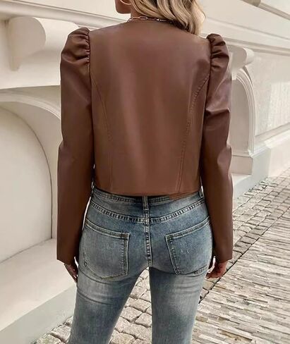 SEMATOMALA Women's Puff Sleeve Cropped Jacket Faux Leather Bolero Blazer Long Sleeve Open Front PU Cardigan in Saudi Arabia