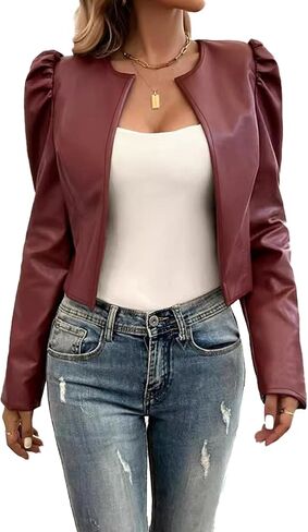 SEMATOMALA Women's Puff Sleeve Cropped Jacket Faux Leather Bolero Blazer Long Sleeve Open Front PU Cardigan in Saudi Arabia