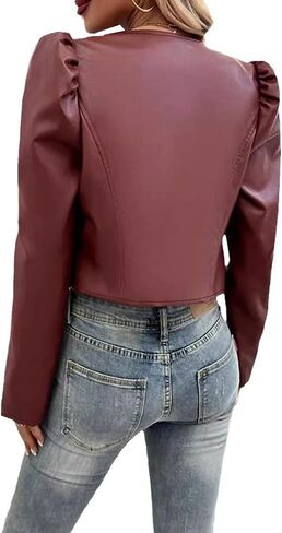 SEMATOMALA Women's Puff Sleeve Cropped Jacket Faux Leather Bolero Blazer Long Sleeve Open Front PU Cardigan in Saudi Arabia