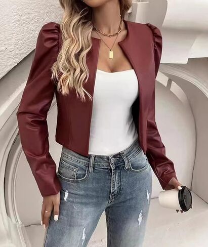SEMATOMALA Women's Puff Sleeve Cropped Jacket Faux Leather Bolero Blazer Long Sleeve Open Front PU Cardigan in Saudi Arabia