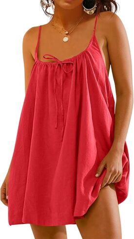 Fisoew Womens Spaghetti Strap Swimsuit Coverup Linen Linen Tie Backlessless Oclessed Beach Cami Mini Dress مع جيوب in Kuwait