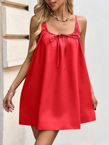 Fisoew Womens Spaghetti Strap Swimsuit Coverup Linen Linen Tie Backlessless Oclessed Beach Cami Mini Dress مع جيوب in Kuwait