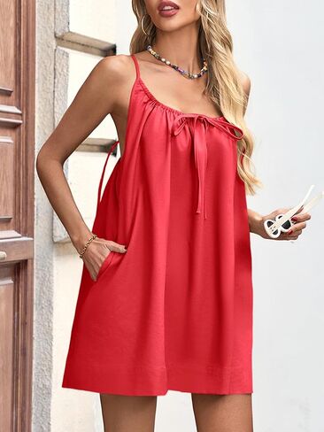 Fisoew Womens Spaghetti Strap Swimsuit Coverup Linen Linen Tie Backlessless Oclessed Beach Cami Mini Dress مع جيوب in Kuwait