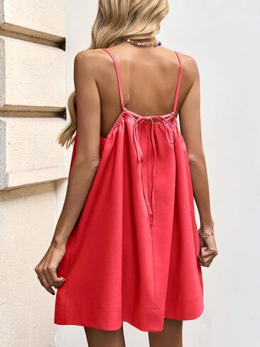 Fisoew Womens Spaghetti Strap Swimsuit Coverup Linen Linen Tie Backlessless Oclessed Beach Cami Mini Dress مع جيوب in Kuwait
