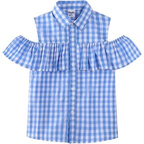 Noomelfish Girls Ruffle Cold Shoulder Top Blouse Short Sleeve Button Down Shirts (4-12 Years)