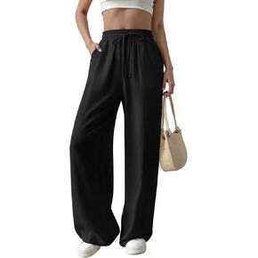 Womens Casual Pants with Adjustable Drawstring Soft Lounge Wide Leg High Waisted Pants for Summer Beach Vacation