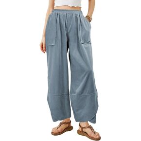 Women's Casual Baggy Wide Leg Pants - Elastic Waist Plue Szie Lightweight Lounge Barrel Beach Pant with Pockets