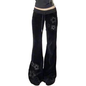 Velvet Star Rhinestone Flare Pants for Women, Bootcut Low Rise Drawstring Bell Bottoms, Y2K Streetwear