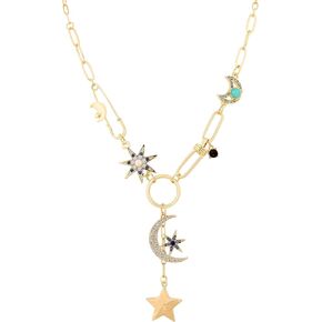 Sacina Boho Gold-Tone Moon and Star Necklace, Star Jewelry, Gold-tone Charm Boho Necklace, Christmas Jewelry Gift For Women
