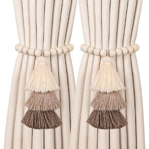 2 Pack Magnetic Curtain Tiebacks with 3-Tier Tassel, Wood Bead Curtain Holdbacks No Drill, Boho Curtain Tie Backs, Decorative Curtain Holders for Drapes in Bedroom, Nursery, Living Room (Coffee Brown)