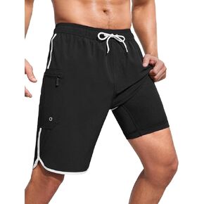 SILKWORLD Mens Swim Trunks with Compression Liner 9 Inch Long Bathing Suit 2 in 1 Beach Quick Dry Shorts with Pockets
