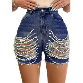 Women's Pearls Chain Denim Shorts Ripped Distressed Jean Shorts with Pockets