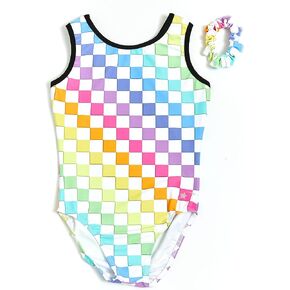 Destira Electric Glow Rainbow Checkered Gymnastics Leotard for Girls, Soft Comfortable Fabric Athletic Wear, Adult Small