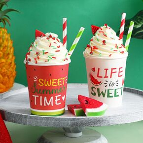 2 Pcs Summer Watermelon Tiered Tray Decor with Faux Whipped Cream Cups Sweet Summer Table Centerpiece Watermelon Themed Kitchen Decor for Home Shelf Tabletop Mantel