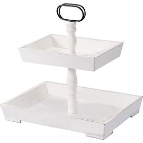 Rectangle Wooden 2 Tiered Tray, Tiered Farmhouse Tray, Kitchen Table Stand, Tier Serving Tray, for Food Fruits Cupcake Display Coffee Bar Home Party Seasonal Decorations (White)