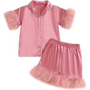 DuAnyozu Baby Girl Pjs Kids Feather Trim Short Sleeve Shirt Shorts Satin Pajama Set Bunny Spring Little Girls Clothes