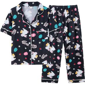Vopmocld Girls 2PCS Pajama Sets Button Down Short Sleeve Long Pants Sleepwear Cute Patterns Lounge Outfit Sest for Teens