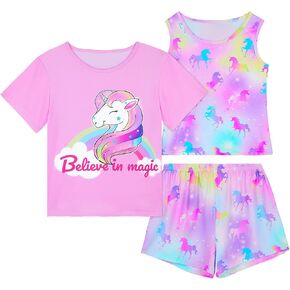ICOSY Girls Pajamas for Kids Pajamas Toddler Girls 3 PCS Tank Tops, Short Sleeve Top and Shorts Clothes