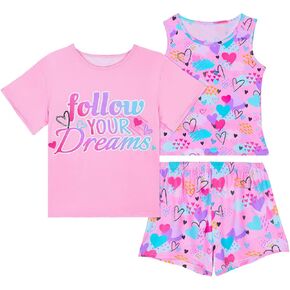ICOSY Girls Pajamas for Kids Pajamas Toddler Girls 3 PCS Tank Tops, Short Sleeve Top and Shorts Clothes in Kuwait