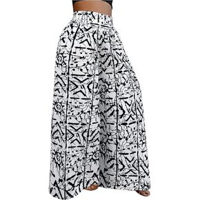 WDIRARA Women's Newspaper Print Palazzo Pants Elastic Waist Loose Funky Letter Print Wide Leg Pants