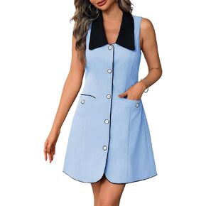 Wenrine Womens Button Down Work Dress Casual Self Tie Lapel Neck Sleeveless Business Blazer Mini Dresses