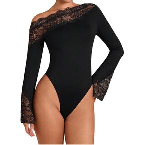 Milumia Women's Long Sleeve One Shoulder Leotard Tops Lace Asymmetrical Neck Bodysuit