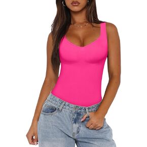 REORIA Women’s Summer Tank Bodysuits Trendy Sexy Leotard V Neck Sleeveless Bodysuits Tops