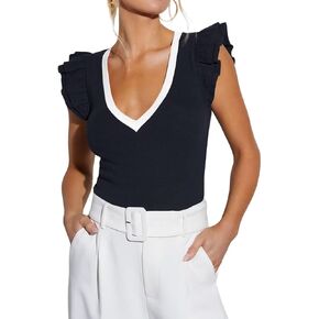 Ezbelle V Neck Women's Bodysuit Tank Tops Ruffle Shirts Sleeveless Ribbed Knit Sexy Blouse Summer Top 2025