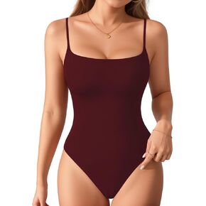 MANGOPOP Women's Cami Thong Bodysuit Double Lined Square Neck Adjustable Spaghetti Strap Tank Tops Burgundy S