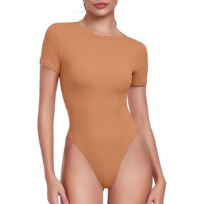 HeyNuts Women's Double Layer Ultra Soft Short Sleeve Crew Neck Thong Back/Brief Back T-Shirts Bodysuit, Causal Tops Basic Tee