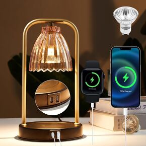 Candle Warmer Lamp with Timer & Dimmer, Table lamp with USB and Type C Output, ,Dimmable Wax Melt Warmer with 2*50W Bulbs, Christmas Gifts and House warming gift,memorial day decorations gift
