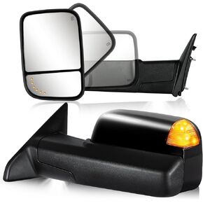 مرايا القطر للفترة 2009-2018 Dodge RAM 1500 ، 2010-2018 RAM 2500 3500 ، 2019-2024 1500 مرايا جانبية كلاسيكية مع قوة الإشارة المدفأة ، مصباح البركة ، يدوي مجموعة الزوج (الأسود المحكم)
