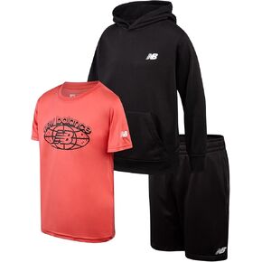 New Balance Boys' Sweatsuit - 3 Piece Fleece Pullover Hoodie, Sweat Shorts, T-Shirt - Athleisure Shorts Set for Boys (8-12)