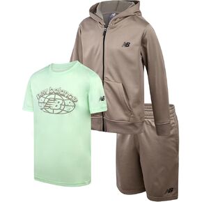 بدلة رياضية للأولاد من New Balance - كنزة صوفية صوفية مكونة من 3 قطع، شورت رياضي، تي شيرت - مجموعة شورتات رياضية للأولاد (8-12) in Kuwait