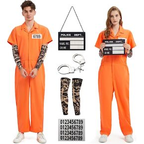 Prisoner Jumpsuit Adult Orange Prison Inmate Costume for Men and Women Halloween Jail Criminal Outfit