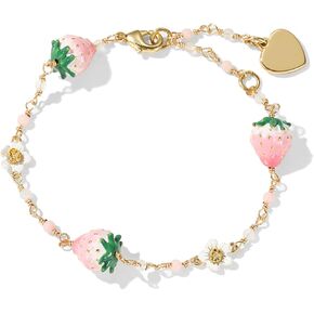 Strawberry Bracelet for Women 18K Gold Fruit Bracelet Enamel Handmade Cute Flower Fruit Strawberry Bracelet Gift For Anniversary Birthday Jewelry