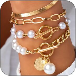 14K Gold OT Buckle Coin Pearl Paperclip Stacked Bracelet Set for Women, Statement Snake Pearl Paper Clip Bracelets Stack Dainty Prom Party Jewelry Gift