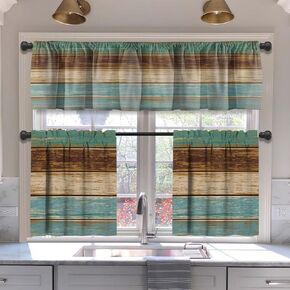 MCALK Teal and Brown Blackout Kitchen Curtains Tiers and Valances Set 3 Piece for Windows Farmhouse Kitchen Window Curtains Set,Wooden Texture Valances for Living Room(36" Tiers Set)