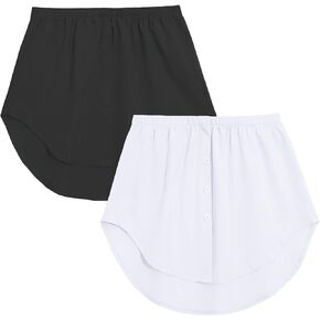 2PCS Women's Shirt Extenders Mini Adjustable Fake Shirt Bottom Half Length Underskirt with Buttons (Black White)